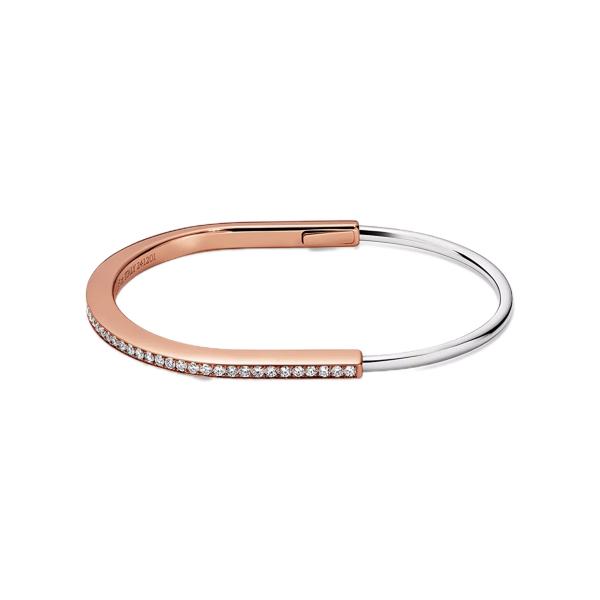 Tiffany Lock Narrow Bangle in Rose and White Gold with Half Pavé Diamonds Medium size - Like New 2024